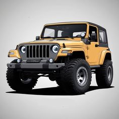 a yellow jeep is shown on a gray background