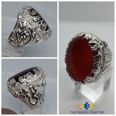 Natural Yemeni Agate Ring , Ya Ali Ya Zahra Names Crafted on Ring , Islamic Shia Ring , Ahl al-Bayt Names Ring , Islamic Calligraphy Ring Material: 925 Sterling Silver Gemstone: Agate , Akik , Aqeeq Plating: Rhodium This is one of the RAREST breed of Aqeeqs, normally known as red blood Yemeni - which looks dark under normal and Crimson red under concentrated light. Beautiful Handmade Natural Yemeni Aqeeq Ring For Gift Ring size is 10 US but can be resizable as per the buyer's choice.