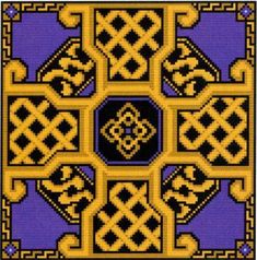 a cross stitch pattern in yellow and purple with an ornate design on the bottom corner