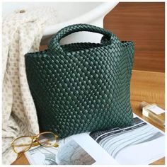 Dark Green Woven Vegan Leather Shopper Bag Large Handbag Soft Purse for Work | Baginning Casual Dark Green Bag For Daily Use, Rectangular Dark Green Bags, Rectangular Dark Green Bags For Daily Use, Rectangular Dark Green Bag For Daily Use, Dark Green Satchel For Daily Use, Daily Use Dark Green Satchel Bag, Dark Green Rectangular Travel Bag, Rectangular Dark Green Travel Bag, Green Rectangular Shoulder Bag For Fall