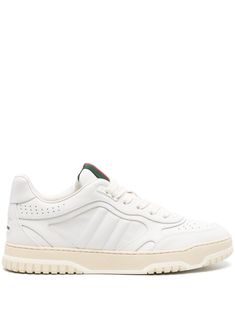 AADJ99097 GUCCI RE-WEB LEATHER SNEAKERS Sneakers Multicolor, Gucci Sneakers, Planet People, White Leather Sneakers, Leather Cap, Signature Logo, Lace Closure, White Sneakers, Lanvin