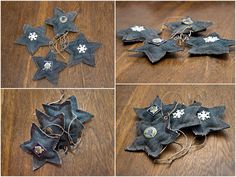 four pictures show the process of making felt snowflakes with buttons and string