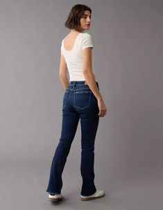 AE Next Level High-Waisted Skinny Kick Jean Casual High Rise Flares For Fall, Dark Wash Fitted Full-length Flares, Fitted Dark Wash Full-length Flares, Dark Wash Fitted Full Length Flares, Fitted Dark Wash Full Length Flares, Fitted Flare Jeans With Standard Cut Leg For Spring, High Rise Stretch Dark Wash Flares, Stretch High Rise Dark Wash Flares, Stretch High-rise Casual Flares