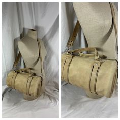 "Measurements are 13\" wide, 6\" high, 6\" deep with one 40\" shoulder strap side to side with a 19\" drop. On the interior there is one main compartment, unlined interior with dark stitching and a top zipper closure. The leather on this purse is thick and strong and is beige/light tan with great detail.  There are some light scuffs with no tears, some water spots and the shoulder strap is detachable. Bag is custom made and is a great vintage find.  -----------------------------------------I SHI Detachable Strap Duffle Bag For On-the-go, Vintage Crossbody Bucket Bag With Detachable Strap, Vintage Duffle Bag With Adjustable Strap For Everyday, Vintage Satchel Bucket Bag With Detachable Strap, Vintage Bucket Bag With Detachable Strap For Travel, Crossbody Weekender Bag With Detachable Handle, Vintage Bucket Bag With Detachable Strap For Everyday Use, Vintage Hobo Bag With Zipper For Travel, Beige Light