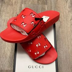 %100 Percent Authentic!! Bought A Size Too Small For My Husband. Red Gucci Pool Slide Sandals Size 8 Gucci Red Open Toe Sandals, Designer Slip-on Sandals With Red Sole, Gucci Red Round Toe Sandals, Gucci Designer Sandals With Red Sole, Gucci Designer Slides With Flat Heel, Designer Gucci Slides With Flat Heel, Flat Gucci Sandals With Red Sole, Gucci Leather Sandals With Red Sole, Luxury Red Slip-on Sandals