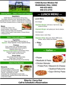 the menu for lunch is shown in green and black colors, with an image of a park