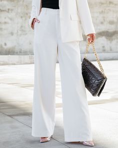 Chic White Wide Leg Pants For Office, White Wide-leg Dress Pants For Office, White Wide-leg Pants For Formal Occasions, White Wide-leg Formal Pants, Formal White Wide-leg Pants, White Wide Leg Full Length Pants For Office, White Full-length Wide Leg Office Pants, White Full Length Wide Leg Pants For Office, White Full-length Formal Pants