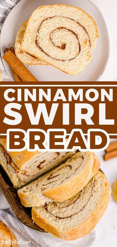 cinnamon swirl bread on a plate with cinnamon sticks