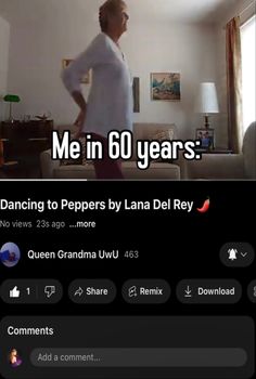 a man standing in a living room next to a window with the caption me in 60 years dancing to peppers by lana del ray