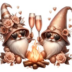 two gnomes holding champagne glasses over a fire with roses and hearts around them on a white background