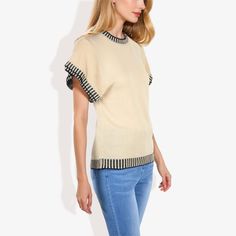 The Anna-Kaci Women's Cap Sleeve Knit Top with Contrast Striped Trim and Crew Neck is a chic and versatile addition to your casual wardrobe. Made from soft, breathable fabric, this top features stylish cap sleeves and a classic crew neck, providing a comfortable and flattering fit. The contrast striped trim adds a touch of modern flair, making it perfect for casual outings, work, or weekend get-togethers. Pair this versatile knit top effortlessly with jeans, skirts, or shorts for a polished and Chic Cream Cotton Sweater, Beige Pointelle Knit Sweater For Day Out, Beige Knitted Tops, Beige Knit Top For Winter Day Out, Cream Ribbed Knit Top, Cream Trendy Knit Top For Spring, Ribbed Beige Knit Top, Trendy Textured Knit Top In Cream, Trendy Cream Knit Top For Spring