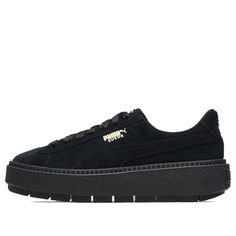 Puma Womens WMNS Platform Trace '' Black/Black Sneakers/Shoes Athleisure Sneakers With Cushioned Footbed For Streetwear, Black Athleisure Sneakers With Cushioned Footbed, Athleisure Platform Sneakers For Streetwear, Black Sporty Platform Sneakers With Textured Sole, Black Sneakers With Textured Sole For Jogging, Black Skate Shoes With Textured Sole For Sports, Urban Sneakers With Studded Rubber Outsoles For Sports, Black Athletic Fit Low-top Sneakers, Black Sporty Platform Sneakers With Rubber Sole