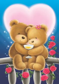 two teddy bears are sitting on a railing with roses and a heart in the background