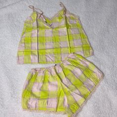 New With Tags Pajama Set With Shorts And Cami Size S Has Lace And Shiny Lines To Pop Comfortable Sexy And Comfortable Green Sleepwear Sets For Spring, Green Sleepwear For Summer Pajama Party, Green Summer Sleepwear For Pajama Party, Multicolor Spring Pajama Shorts For Sleep, Multicolor Pajama Shorts For Bedtime In Spring, Multicolor Pajama Shorts For Spring Sleep, Green Sleepwear For Spring Sleepover, Green Spring Sleepwear For Sleepover, Multicolor Spring Pajama Shorts