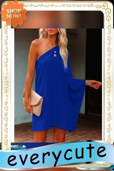 Blue Sloping Shoulder One Piece Casual Dress Blue Solid Color Mini Dress For Beach, Blue Mini Dress For Beach, Blue Mini Dress For The Beach, Elegant Royal Blue Mini Dress For Summer, Blue Solid Color Dress For Brunch, Women Dresses Casual, Casual Dress Women, Women Dresses, Dresses Casual