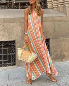 Lasaky - Color Block Striped Sleeveless Maxi Dress Bohemian Dresses Long, Off Shoulder Long Dress, Holiday Maxi Dress, Color Block Maxi Dress, Boho Summer Dresses, Striped Sleeveless Dress, Maxi Robes, Women Long Dresses, Boho Stil