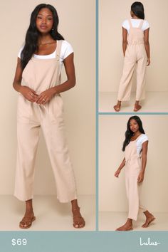 Pair a cute bikini underneath the Rhythm Verona Beige Drawstring Wide-Leg Jumpsuit and capture the look of the summer! Lightweight linen-blend fabric forms this versatile jumpsuit with a bib front and adjustable tank straps with brown marbled buttons. A drawstring waist sits above wide pant legs with slightly cropped hems. Two utilitarian pockets complete this cute and functional overall-style jumpsuit! Fit: This garment fits true to size. Length: Ankle length. Size medium measures 55" from adju Cotton Jumpsuits And Rompers With Tie Straps For Summer, Summer Linen Jumpsuits And Rompers With Pockets, Summer Overalls For Vacation, Cotton Jumpsuits And Rompers For Beach Season, Casual Summer Overalls With Tie Straps, Sleeveless Linen Overalls For Summer, Casual Tie Straps Overalls For Summer, Cotton Overalls With Adjustable Straps For Beach, Summer Beach Cotton Overalls