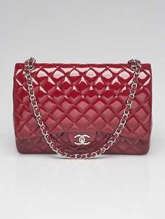 Premium Quality Chanel Dark Red Quilted Patent Leather Classic Maxi Double Flap Bag, Womens Bags Luxury Red Bag With Dust Bag Included, Red Designer Bag With Double Flap, Red Designer Bags With Double Flap, Designer Red Double Flap Bag, Red Formal Bags With Double Flap, Red Quilts, Free Sign, Vintage Quilts, Flap Bag