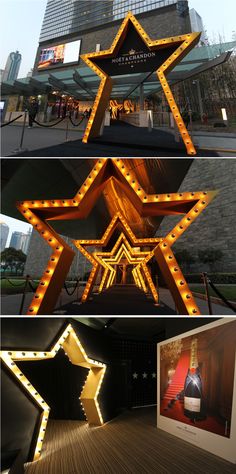 three different pictures with lights in the shape of stars, and an image of a building