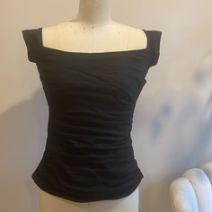 Perfect For Holiday! New With Tag. Black Tops With Ruched Back For Summer, Black Top With Ruched Back, Fitted Black Top With Ruched Back, Black Ruched Tops For Evening, Elegant Black Ruched Tops, Fall Blouse, Orange Satin, Fancy Tops, Floral Embroidered Top