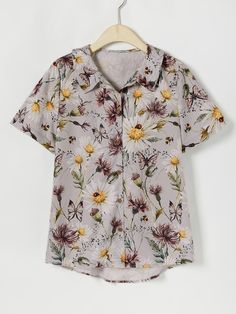 Gray Floral Buttons Collared Short Sleeve Shirt Summer Collared Printed Tops, Summer Printed Collared Tops, Casual Collared Summer Blouse, Multicolor Floral Print Short Sleeve Shirt For Spring, Casual Multicolor Floral Print Short Sleeve Shirt, Casual Collared Blouse For Summer, Casual Multicolor Short Sleeve Shirt With Floral Print, Casual Summer Collared Blouse, Multicolor Casual Collar Top