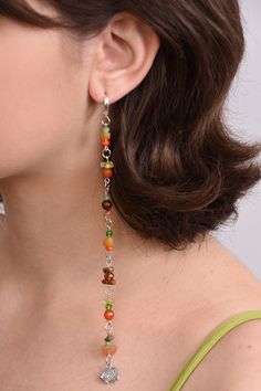 Dangle Mono earring Long Single Earring Natural stone beads jewelry aventurine carnelian crystal Long earring boho earring for girl gift This Single Earring is made with natural aventurine, carnelian beads, crystal beads, silver plated earring. ONE EARRING Earring length is about - 6 3/4" (17cm). If you want an individual changes - lengthen or shorten an earring, change a charm, make a second pairing earring - please contact me, I'll be happy to do this for you! See my another single earrings: h Macrame Square Knot, Square Knot Bracelets, Surf Bracelet, Earring Long, Stone Bead Jewelry, Boho Earring, Long Earring, Carnelian Crystal, Natural Stone Beads