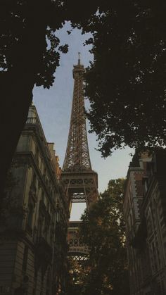 the eiffel tower is seen through some trees