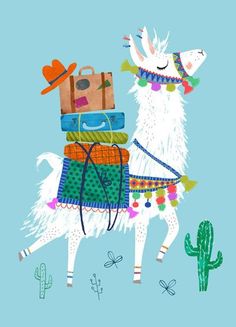 a llama with luggage on it's back in front of cactus and cacti