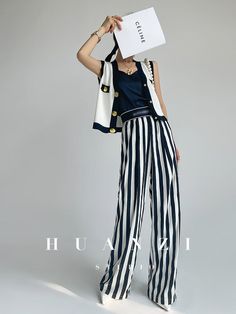 Brand: Huanzi Product name: Ikop Black And White Contrast, Striped Wide Leg Pants, Stripe Outfits, Chic And Elegant, White Colors, Type Of Pants, Black And White Colour, High Waisted Trousers, White Top