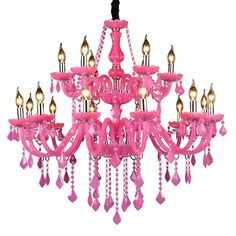 a pink chandelier with lots of lights hanging from it's centerpiece