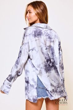 Take your wardrobe to the next level with our Monica Tie Dye Print Boyfriend Satin Shirt and Matching Crop Top! With a flattering drop sleeve, side slits, loose fit, and the classic button down with cuffed sleeves design you’ll be sure to stand out wherever you go. The matching crop top features an elastic smocked back and adjustable spaghetti straps for the perfect fit. Whether you’re headed out for date night or running errands around town, our shirt + crop top combo will have all eyes on you. Shirt Crop Top, Drop Sleeve, Satin Shirt, Affordable Luxury, Tie Dye Print, All About Eyes, Sleeve Designs, Cuff Sleeves, Next Level