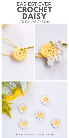 the crochet daisy flower pattern is shown in three different colors and sizes, including yellow