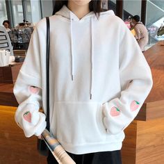 White Harajuku Hoodie For Fall, White Kawaii Hoodie Outerwear, Oversized Kawaii Hoodie Sweatshirt, Oversized Kawaii Sweatshirt For Winter, Oversized Kawaii Winter Sweatshirt, Oversized Cotton Harajuku Hoodie, Cute Oversized White Outerwear, White Harajuku Long Sleeve Hoodie, Harajuku White Sweatshirt With Drawstring Hood