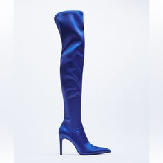 Electric Blue Thigh High Boots With Heel. Blue Party Boots For Fall, Trendy Blue Boots For Party, Blue Boots For Fall Party, Blue Pointed Toe Heeled Boots For Party, Formal Fitted Blue Boots, Blue Thigh High Party Boots, Blue Heeled Boots For Winter Party, Elegant Blue Formal Heeled Boots, Elegant Blue Spring Boots