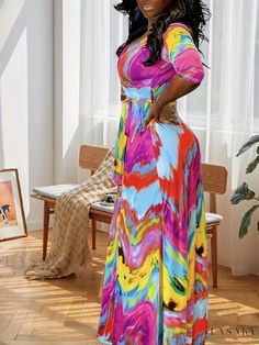 Lasaky - Womens Plus Size Colorblocked Print Maxi Dress with Belt - Casual and Sophisticated, Featuring Half Sleeves and Surplice Neck Design Long Sleeve Multicolor Color Block Dresses, Multicolor Long Sleeve Color Block Dress, Spring Multicolor Patchwork Maxi Dress, Chic Multicolor Color Block Maxi Dress, Multicolor Color Block Maxi Dress For Vacation, Multicolor Color Block Dress For Day Out, Colorful Spring Color Block Dresses, Multicolor Non-stretch V-neck Maxi Dress, Pink Color Block Maxi Dress For Spring