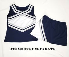 ITEMS SOLD SEPARATE , Priced to sell quick... Cheerleader uniform skirt and top is navy blue spandex White, sparkle silver and sparkle navy blue trim. Long sleeve midriff navy and white spandex with silver trim. Measurements given below are exact in inches. Uniform top back will stretch. Skirt and top has side zipper. Top has spandex back.so it will fit Top Chest 33 inches hip 26 inches Front length of top from shoulder to hem. 19 inches Skirt waist 26 inches ( elastic waistband.) hip 36 inches Cheer Tops, Cheer Spirit, Blue Cheer, Uniform Skirt, Midriff Top, White Spandex, Cheerleading Uniforms, Pom Pom Girl, Rainbow Connection