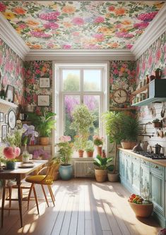 a kitchen filled with lots of potted plants on top of a wooden floor next to a window