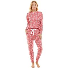 Style: EBJE409C Description: The ultimate lounge set, these butter knit pajamas are the best choice for all day relaxation. Including a printed long-sleeve crew neck sweatshirt & jogger pant, this set is adorable and comfortable all in one. Featuring a modern color palette and a drawstring and pockets on the pants, these PJ's are designed to be worn at home and on the run around town. Whether your lounging or making a grocery run, you'll never want to change out of these! Fabric: 63% polyester/3 Knit Pajamas, Knit Lounge Set, Pyjamas Womens, Adult Pajamas, Modern Color Palette, Soft Pajamas, Womens Pyjama Sets, On The Run, Sleep Set