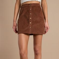 Tobi Ilyn Corduroy A-Line Skirt In Camel Nwt Size- Large Details- Snap Button Down Front Closure Corduroy Brown “Camel” Color Mini Skirt Condition- Nwt New With Tags Approximate Measurements- Waist Laid Flat- 15.5 Inches Length- 18 Inches (B50) High-waisted Brown Corduroy Skirt, Casual Brown Corduroy Skirt, Brown Fitted Button-up Bottoms, Casual Brown Corduroy Mini Skirt, Brown Corduroy Casual Mini Skirt, High Waist Corduroy Mini Skirt, Corduroy Mini Bottoms For Fall, Fall Corduroy Mini-length Bottoms, Fall Corduroy Mini Bottoms