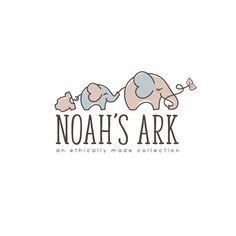 the noah's ark logo is shown in pink and gray, with an elephant on it