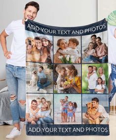 a man holding up a large blanket with photos on it and the words, add your text and photos