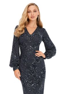 This ultra chic v-neck gown features an ornate bead pattern throughout, and carries onto the bishop sleeves. The full zipper high back, and center back vent completes the look. Formal Beaded V-neck Evening Dress, V-neck Evening Dress For Fall Gala, Fall Gala V-neck Evening Dress, Fall V-neck Evening Dress For Gala, Fall V-neck Evening Dress With Sequins, Glamorous Fall Evening Dress V-neck, Glamorous Beaded V-neck Dress, Elegant Long Sleeve Beaded Evening Dress, Long Sleeve Beaded Formal Dress