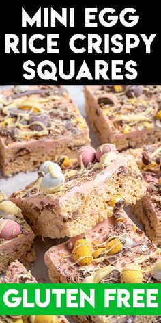 a close up of food on a plate with the words gluten free egg rice crispy squares