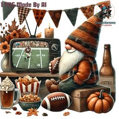 an image of a gnome watching football on tv with snacks and drinks in front of him