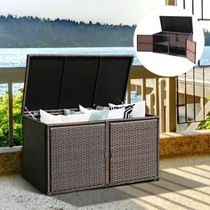 an outdoor wicker storage box with cushions