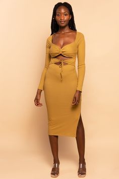 Sage Green Cut Out Tie-Front Ribbed Midi Dress Elenista Ribbed Midi Dress, Long Sleeve Midi, Stylish Dresses, Cut Outs, Dress Details, Sweetheart Neckline, Sage Green, Midi Length, One Shoulder Dress