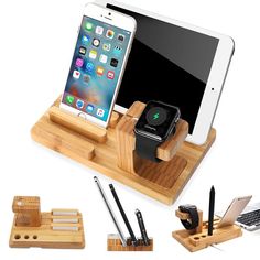 an apple watch, cell phone and pen are on a wooden docking station with various accessories