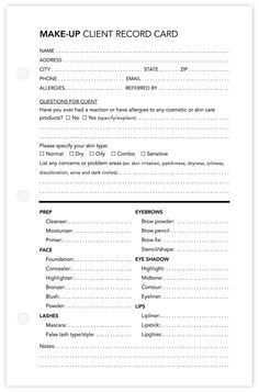 Keep track of your client’s info and application history. Specs: Durable client record cards (14 pt. cover) Size: 8.5” x 5.5” (half-sheet) Note: No need to purchase additional client record cards when purchasing ourClient Profile Books (the maximum amount of client record cards come included). Makeup Client Consultation Form, Makeup Price List Ideas Freelance, Makeup Artist Consultation Form, Makeup Consent Form, Makeup Price List Ideas, Makeup Business Ideas, Makeup Consultation Form, Mua Business, Freelance Makeup Artist Business