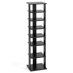 a tall black shelf with five shelves on each side