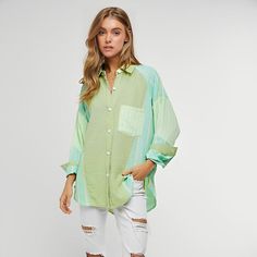 This oversized top would be so cute paired with some white jeans or shorts, or just thrown over your ‘kini!Model is 5’8” wearing a size small Summer Loungewear Top With Shirttail Hem, Green Spring Beach Shirt, Oversized Long Sleeve Summer Tops, Relaxed Oversized Tops For Day Out, Spring Vacation Green Shirt, Oversized Casual Summer Blouse, Oversized Shirttail Hem Shirt For Day Out, Relaxed Blouse For Spring Loungewear, Oversized Blouse With Shirttail Hem For Day Out